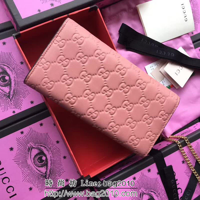 GUCCI古馳 歐洲正品原單 padlock系列 最新二折款 爆款鏈條皮夾 453506 粉色壓全皮 WTG1185